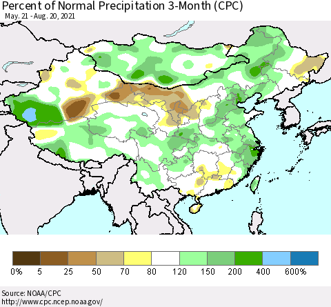 China, Mongolia and Taiwan Percent of Normal Precipitation 3-Month (CPC) Thematic Map For 5/21/2021 - 8/20/2021