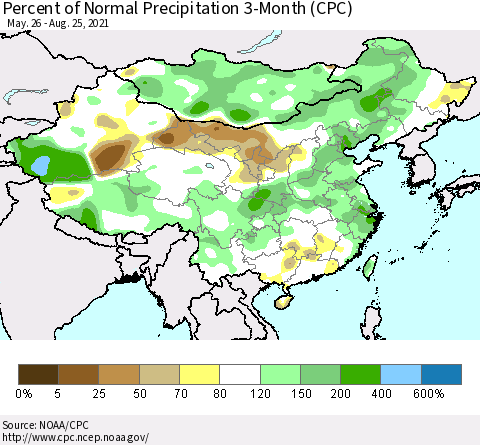 China, Mongolia and Taiwan Percent of Normal Precipitation 3-Month (CPC) Thematic Map For 5/26/2021 - 8/25/2021