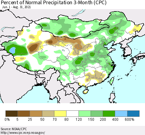China, Mongolia and Taiwan Percent of Normal Precipitation 3-Month (CPC) Thematic Map For 6/1/2021 - 8/31/2021