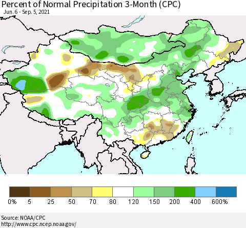 China, Mongolia and Taiwan Percent of Normal Precipitation 3-Month (CPC) Thematic Map For 6/6/2021 - 9/5/2021