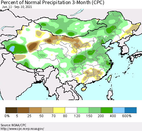 China, Mongolia and Taiwan Percent of Normal Precipitation 3-Month (CPC) Thematic Map For 6/11/2021 - 9/10/2021