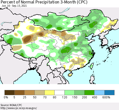 China, Mongolia and Taiwan Percent of Normal Precipitation 3-Month (CPC) Thematic Map For 6/16/2021 - 9/15/2021