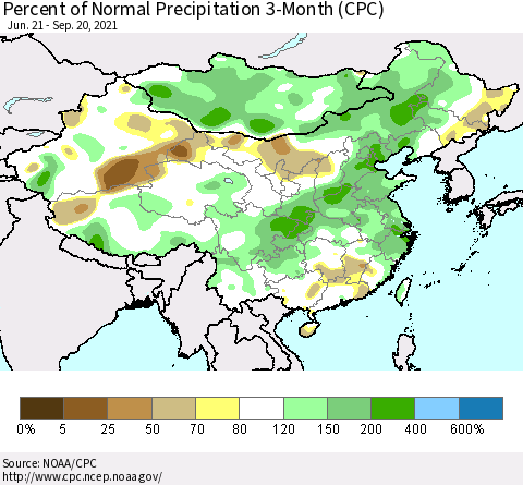 China, Mongolia and Taiwan Percent of Normal Precipitation 3-Month (CPC) Thematic Map For 6/21/2021 - 9/20/2021