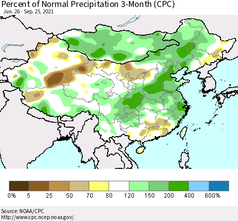 China, Mongolia and Taiwan Percent of Normal Precipitation 3-Month (CPC) Thematic Map For 6/26/2021 - 9/25/2021