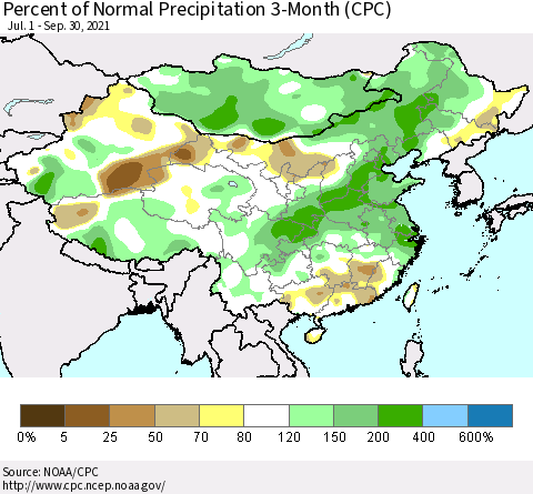 China, Mongolia and Taiwan Percent of Normal Precipitation 3-Month (CPC) Thematic Map For 7/1/2021 - 9/30/2021