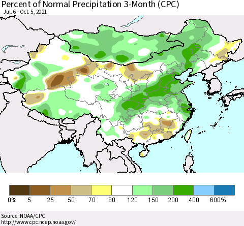 China, Mongolia and Taiwan Percent of Normal Precipitation 3-Month (CPC) Thematic Map For 7/6/2021 - 10/5/2021