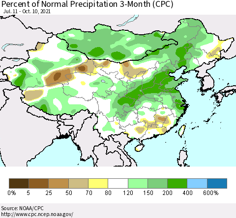 China, Mongolia and Taiwan Percent of Normal Precipitation 3-Month (CPC) Thematic Map For 7/11/2021 - 10/10/2021