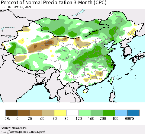 China, Mongolia and Taiwan Percent of Normal Precipitation 3-Month (CPC) Thematic Map For 7/16/2021 - 10/15/2021