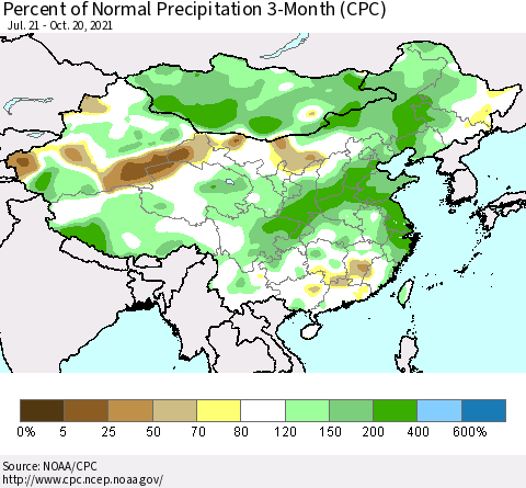 China, Mongolia and Taiwan Percent of Normal Precipitation 3-Month (CPC) Thematic Map For 7/21/2021 - 10/20/2021