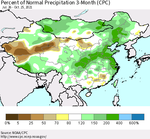 China, Mongolia and Taiwan Percent of Normal Precipitation 3-Month (CPC) Thematic Map For 7/26/2021 - 10/25/2021