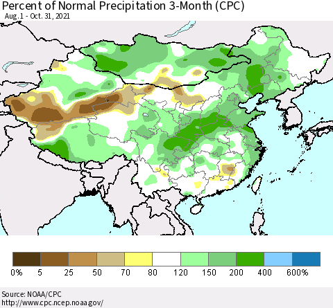 China, Mongolia and Taiwan Percent of Normal Precipitation 3-Month (CPC) Thematic Map For 8/1/2021 - 10/31/2021