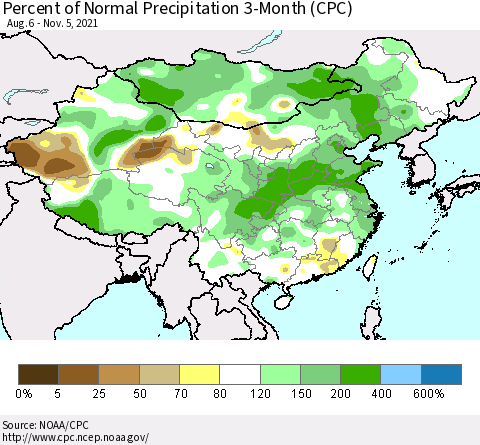 China, Mongolia and Taiwan Percent of Normal Precipitation 3-Month (CPC) Thematic Map For 8/6/2021 - 11/5/2021