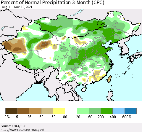 China, Mongolia and Taiwan Percent of Normal Precipitation 3-Month (CPC) Thematic Map For 8/11/2021 - 11/10/2021