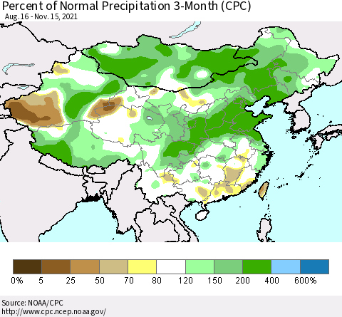 China, Mongolia and Taiwan Percent of Normal Precipitation 3-Month (CPC) Thematic Map For 8/16/2021 - 11/15/2021