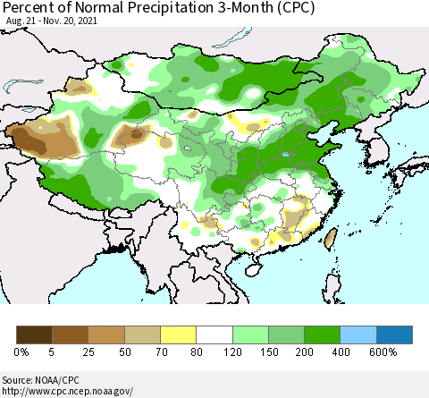 China, Mongolia and Taiwan Percent of Normal Precipitation 3-Month (CPC) Thematic Map For 8/21/2021 - 11/20/2021