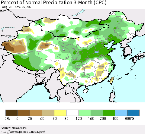 China, Mongolia and Taiwan Percent of Normal Precipitation 3-Month (CPC) Thematic Map For 8/26/2021 - 11/25/2021