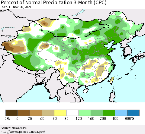 China, Mongolia and Taiwan Percent of Normal Precipitation 3-Month (CPC) Thematic Map For 9/1/2021 - 11/30/2021