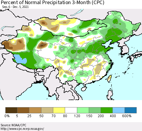 China, Mongolia and Taiwan Percent of Normal Precipitation 3-Month (CPC) Thematic Map For 9/6/2021 - 12/5/2021