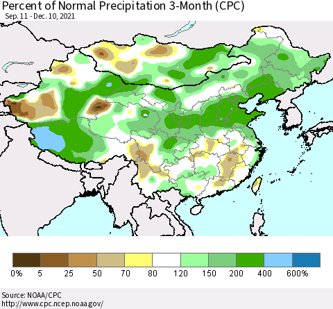 China, Mongolia and Taiwan Percent of Normal Precipitation 3-Month (CPC) Thematic Map For 9/11/2021 - 12/10/2021