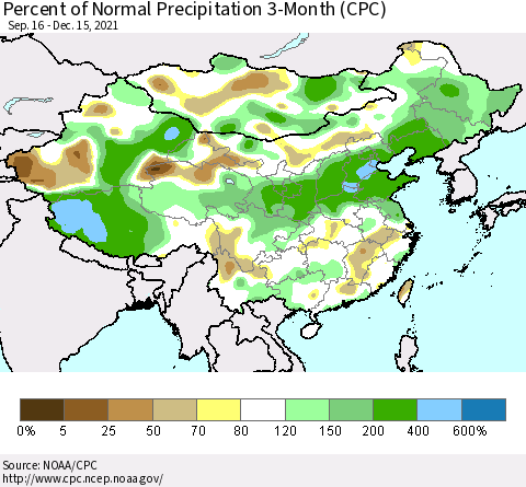 China, Mongolia and Taiwan Percent of Normal Precipitation 3-Month (CPC) Thematic Map For 9/16/2021 - 12/15/2021