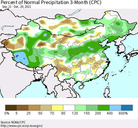 China, Mongolia and Taiwan Percent of Normal Precipitation 3-Month (CPC) Thematic Map For 9/21/2021 - 12/20/2021