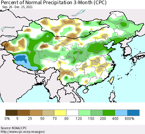 China, Mongolia and Taiwan Percent of Normal Precipitation 3-Month (CPC) Thematic Map For 9/26/2021 - 12/25/2021