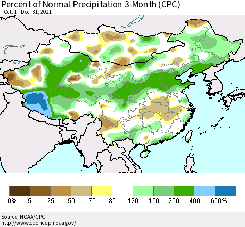 China, Mongolia and Taiwan Percent of Normal Precipitation 3-Month (CPC) Thematic Map For 10/1/2021 - 12/31/2021
