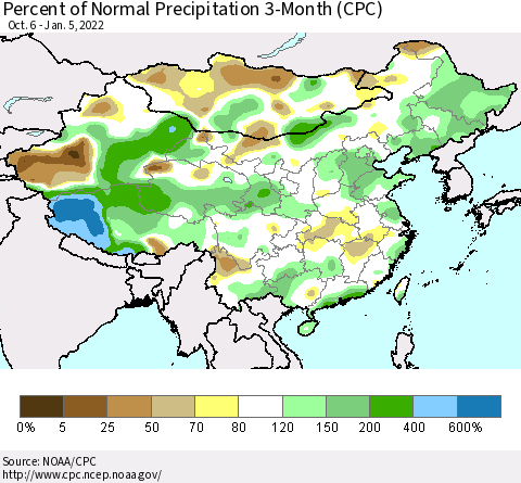 China, Mongolia and Taiwan Percent of Normal Precipitation 3-Month (CPC) Thematic Map For 10/6/2021 - 1/5/2022
