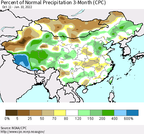 China, Mongolia and Taiwan Percent of Normal Precipitation 3-Month (CPC) Thematic Map For 10/11/2021 - 1/10/2022