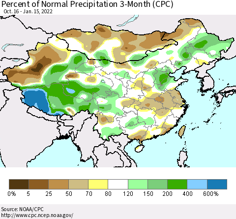 China, Mongolia and Taiwan Percent of Normal Precipitation 3-Month (CPC) Thematic Map For 10/16/2021 - 1/15/2022