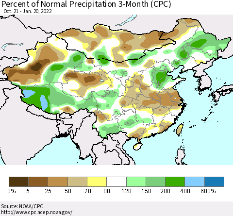 China, Mongolia and Taiwan Percent of Normal Precipitation 3-Month (CPC) Thematic Map For 10/21/2021 - 1/20/2022