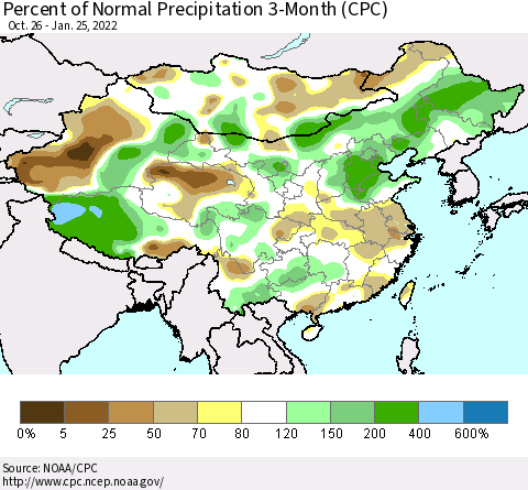 China, Mongolia and Taiwan Percent of Normal Precipitation 3-Month (CPC) Thematic Map For 10/26/2021 - 1/25/2022