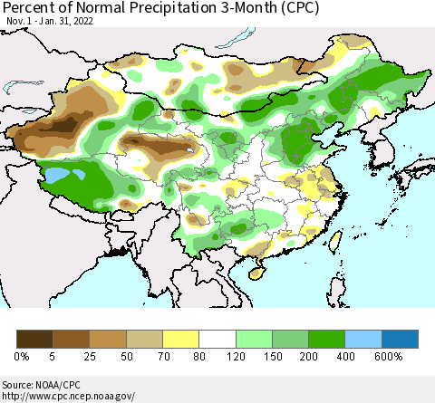 China, Mongolia and Taiwan Percent of Normal Precipitation 3-Month (CPC) Thematic Map For 11/1/2021 - 1/31/2022