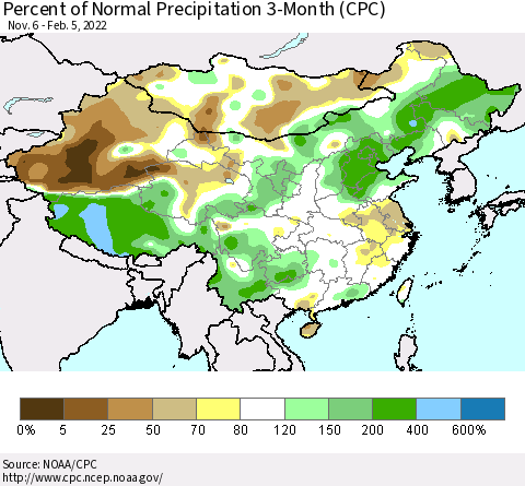 China, Mongolia and Taiwan Percent of Normal Precipitation 3-Month (CPC) Thematic Map For 11/6/2021 - 2/5/2022