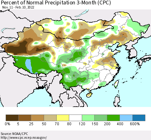 China, Mongolia and Taiwan Percent of Normal Precipitation 3-Month (CPC) Thematic Map For 11/11/2021 - 2/10/2022