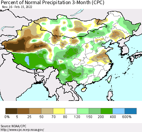 China, Mongolia and Taiwan Percent of Normal Precipitation 3-Month (CPC) Thematic Map For 11/16/2021 - 2/15/2022