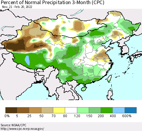 China, Mongolia and Taiwan Percent of Normal Precipitation 3-Month (CPC) Thematic Map For 11/21/2021 - 2/20/2022