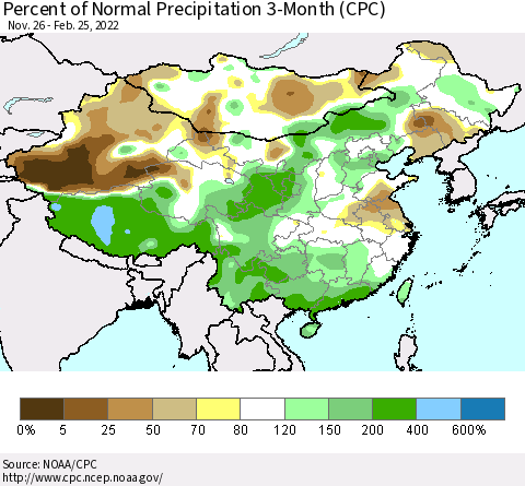 China, Mongolia and Taiwan Percent of Normal Precipitation 3-Month (CPC) Thematic Map For 11/26/2021 - 2/25/2022