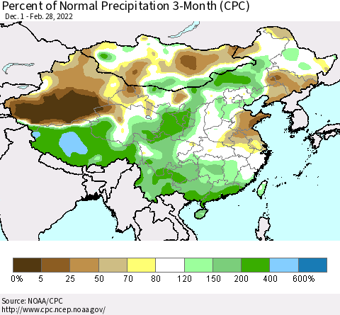 China, Mongolia and Taiwan Percent of Normal Precipitation 3-Month (CPC) Thematic Map For 12/1/2021 - 2/28/2022