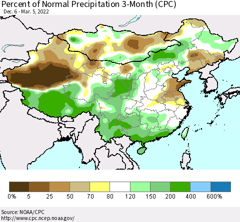 China, Mongolia and Taiwan Percent of Normal Precipitation 3-Month (CPC) Thematic Map For 12/6/2021 - 3/5/2022