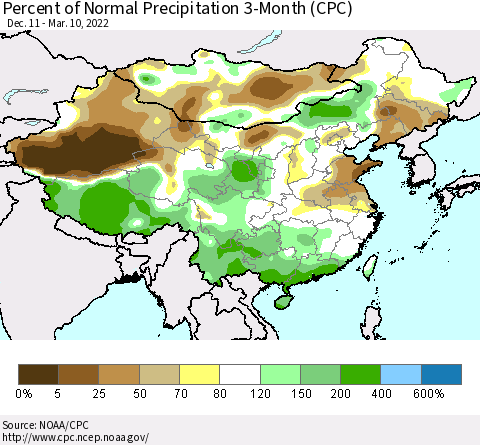 China, Mongolia and Taiwan Percent of Normal Precipitation 3-Month (CPC) Thematic Map For 12/11/2021 - 3/10/2022