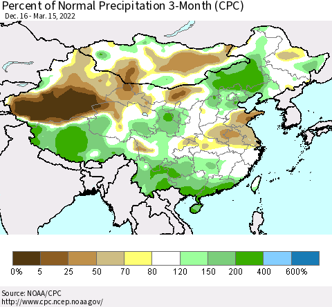China, Mongolia and Taiwan Percent of Normal Precipitation 3-Month (CPC) Thematic Map For 12/16/2021 - 3/15/2022