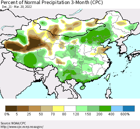 China, Mongolia and Taiwan Percent of Normal Precipitation 3-Month (CPC) Thematic Map For 12/21/2021 - 3/20/2022