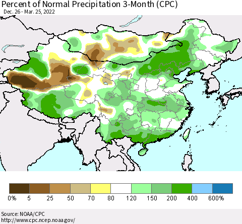 China, Mongolia and Taiwan Percent of Normal Precipitation 3-Month (CPC) Thematic Map For 12/26/2021 - 3/25/2022