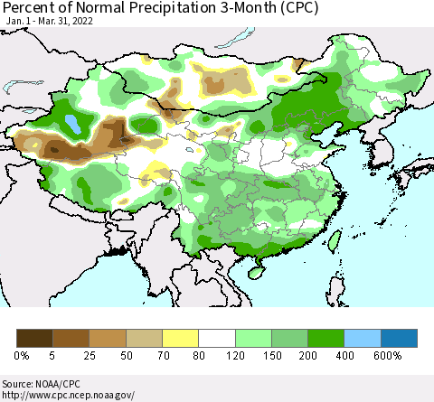 China, Mongolia and Taiwan Percent of Normal Precipitation 3-Month (CPC) Thematic Map For 1/1/2022 - 3/31/2022