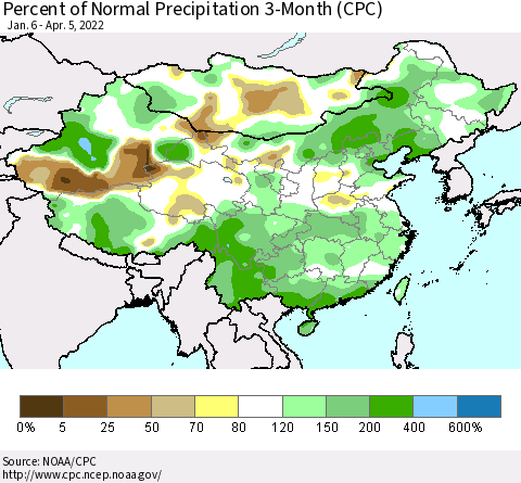 China, Mongolia and Taiwan Percent of Normal Precipitation 3-Month (CPC) Thematic Map For 1/6/2022 - 4/5/2022