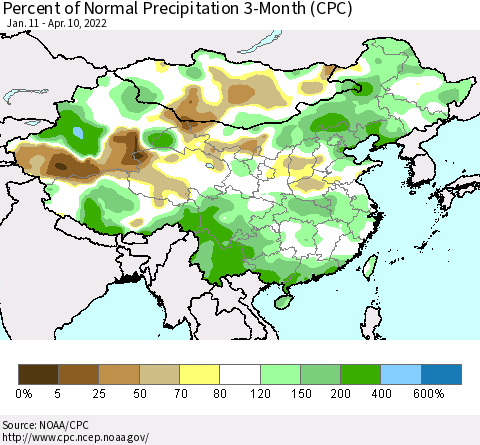 China, Mongolia and Taiwan Percent of Normal Precipitation 3-Month (CPC) Thematic Map For 1/11/2022 - 4/10/2022