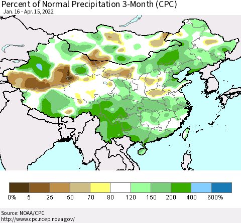 China, Mongolia and Taiwan Percent of Normal Precipitation 3-Month (CPC) Thematic Map For 1/16/2022 - 4/15/2022