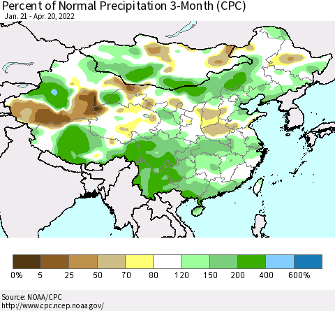 China, Mongolia and Taiwan Percent of Normal Precipitation 3-Month (CPC) Thematic Map For 1/21/2022 - 4/20/2022