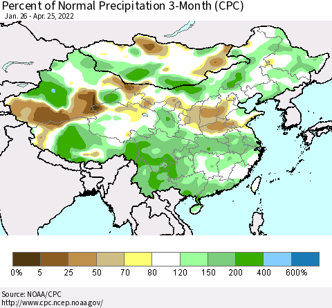 China, Mongolia and Taiwan Percent of Normal Precipitation 3-Month (CPC) Thematic Map For 1/26/2022 - 4/25/2022
